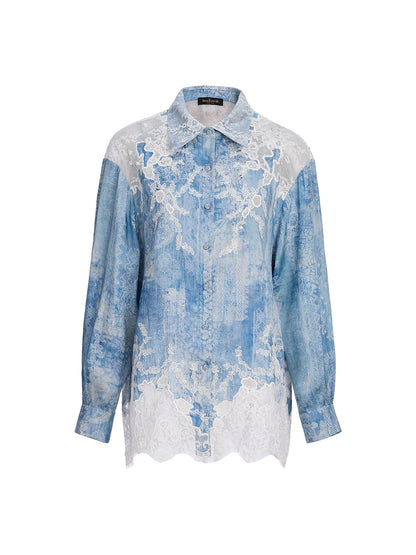 Tencel Embroidery Lace-Panel Shirt (Detachable Floral Included)