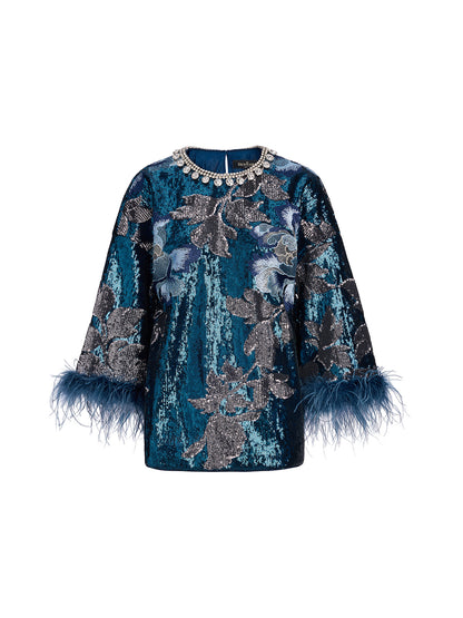Sequin Embroidered Feather-Trim Top