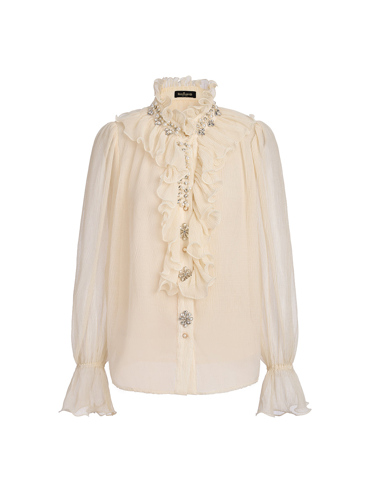 Ruffled Stand Collar Beaded Shirt