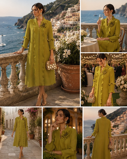 Ruffle Pleated Floral Brooch 3/4-Sleeve Gown