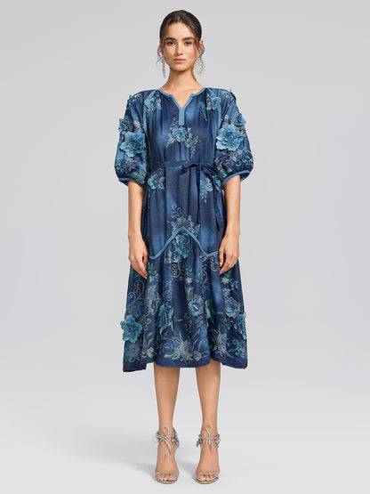 Washed Denim Floral Embroidered Dress