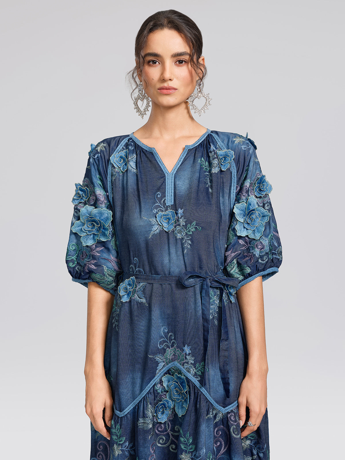 Washed Denim Floral Embroidered Dress