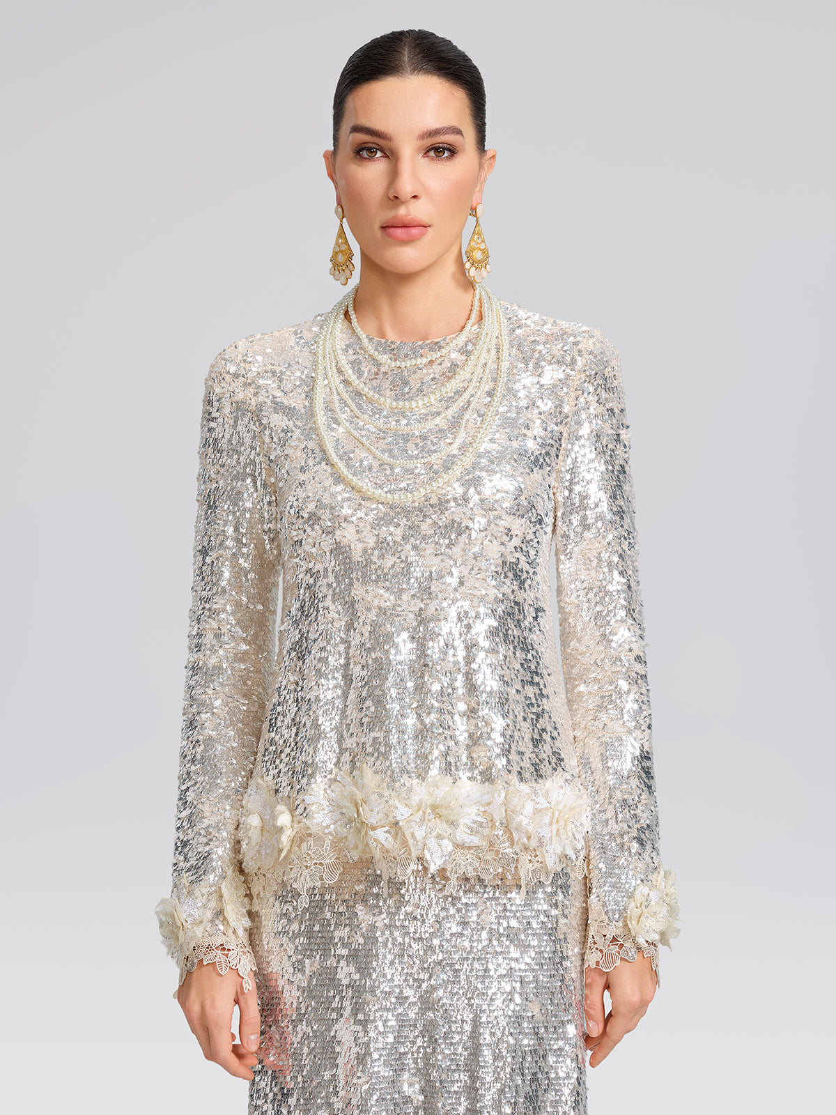 Sequin Hand-Cut Floral Lace Trim Top