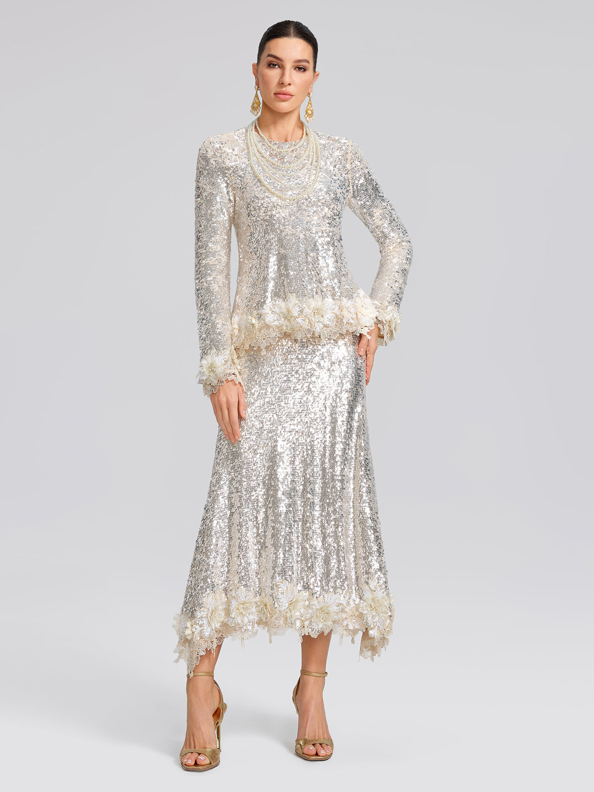 Sequin Hand-Cut Floral Lace Trim Top