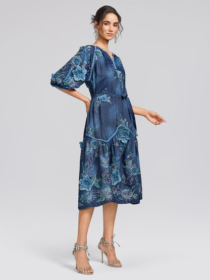 Washed Denim Floral Embroidered Dress