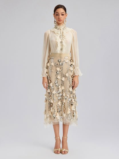 Sequin Floral Embroidery Elastic Fishtail Skirt