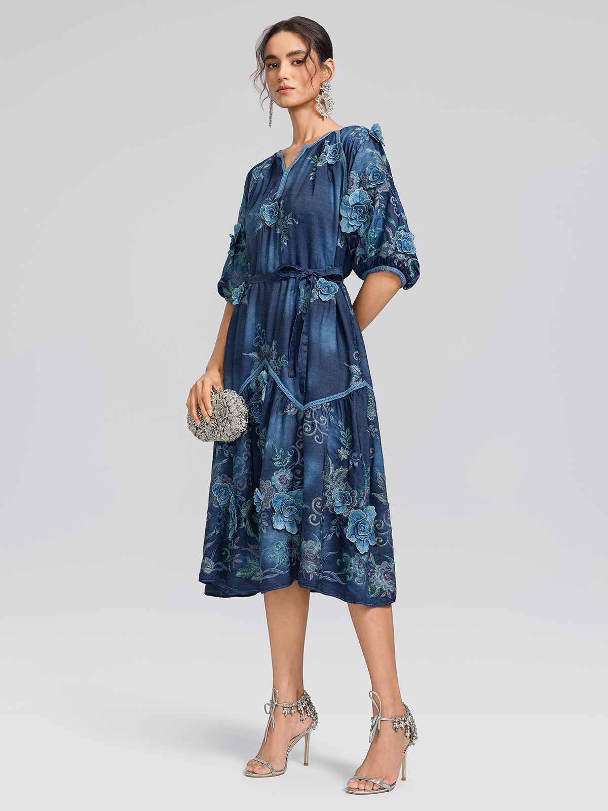 Washed Denim Floral Embroidered Dress