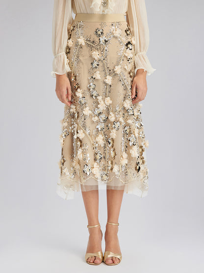 Sequin Floral Embroidery Elastic Fishtail Skirt