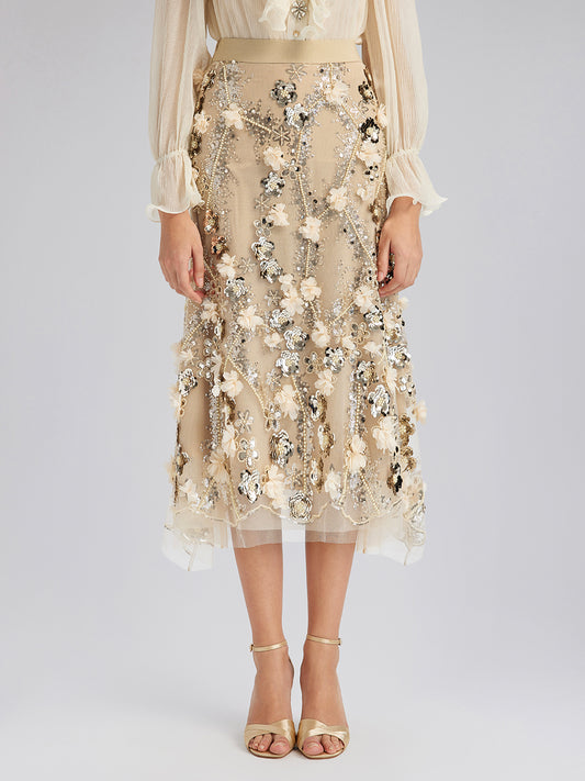 Sequin Floral Embroidery Elastic Fishtail Skirt