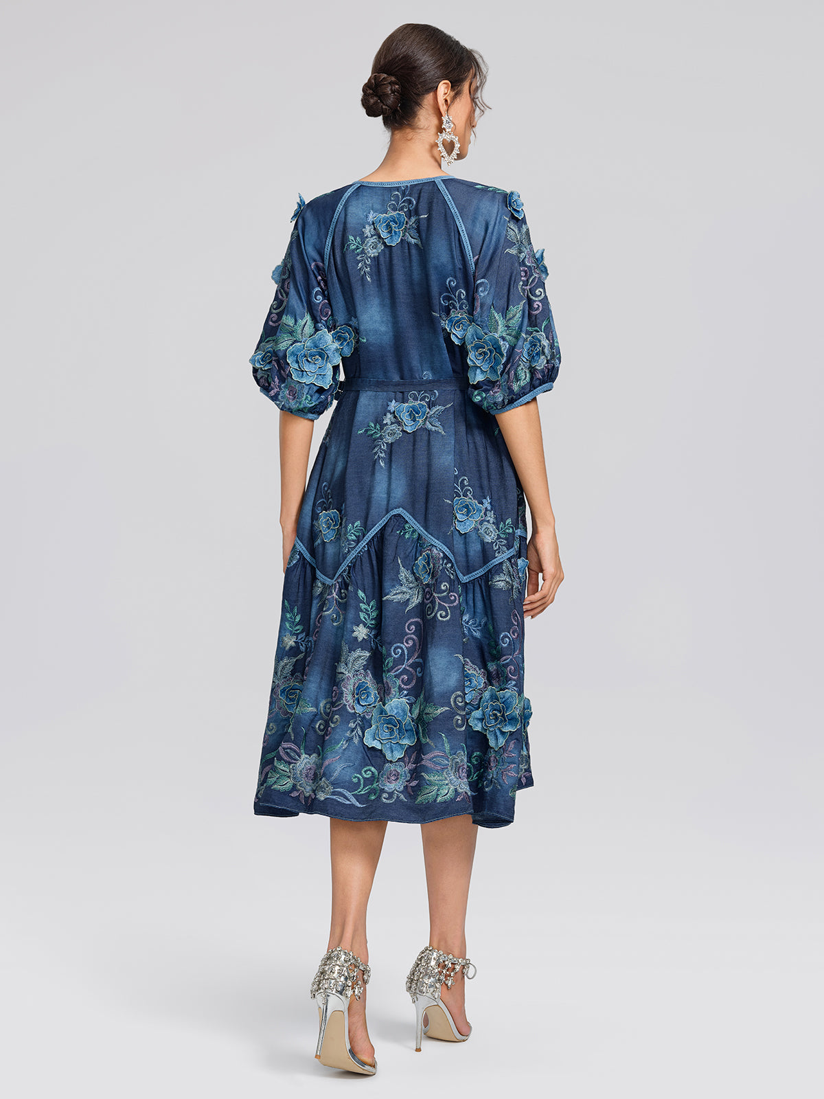 Washed Denim Floral Embroidered Dress