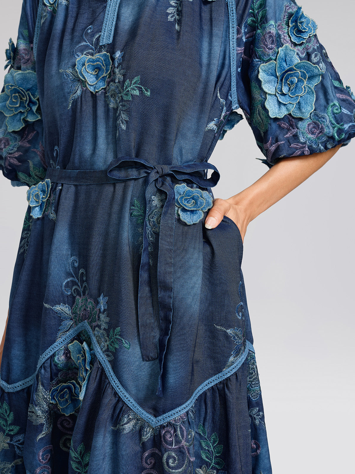 Washed Denim Floral Embroidered Dress