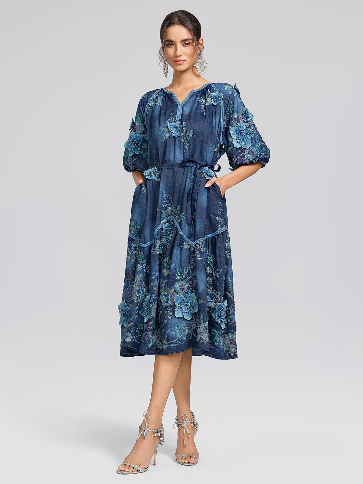 Washed Denim Floral Embroidered Dress