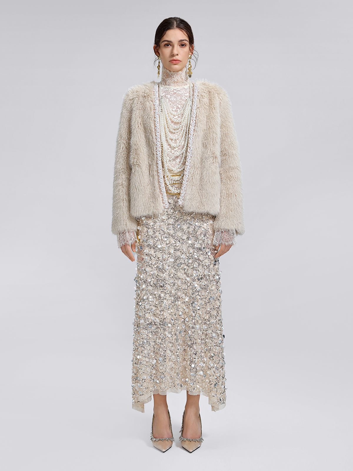 Silver-Tipped Eco Fur Pearl-Beaded Jacket