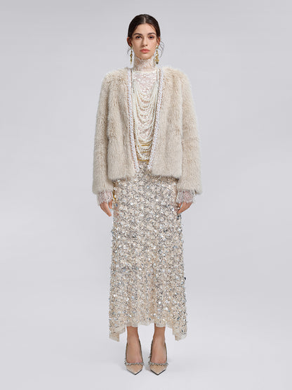 Silver-Tipped Eco Fur Pearl-Beaded Jacket