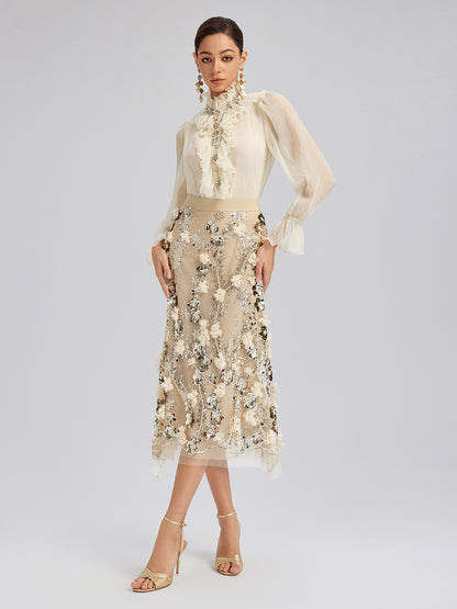 Sequin Floral Embroidery Elastic Fishtail Skirt