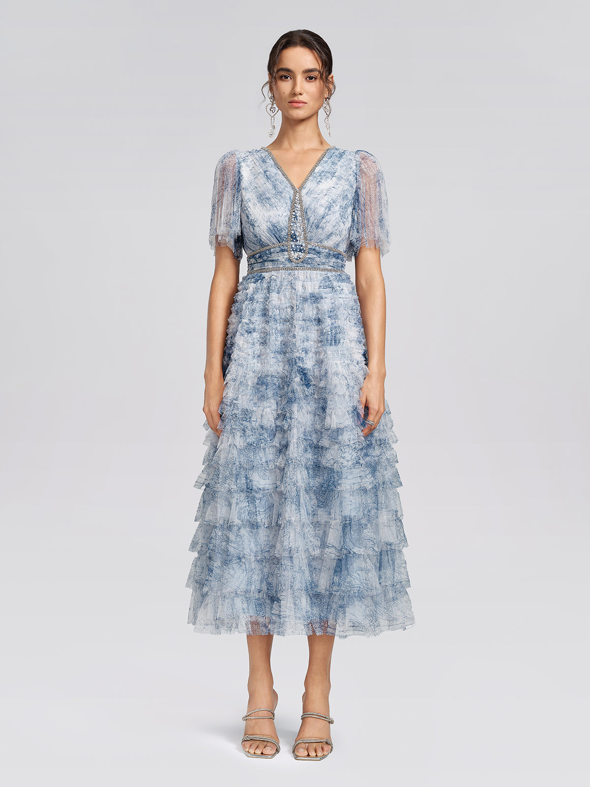 Watercolor Tulle Print Ruffle Dress