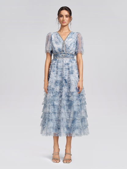 Watercolor Tulle Print Ruffle Dress