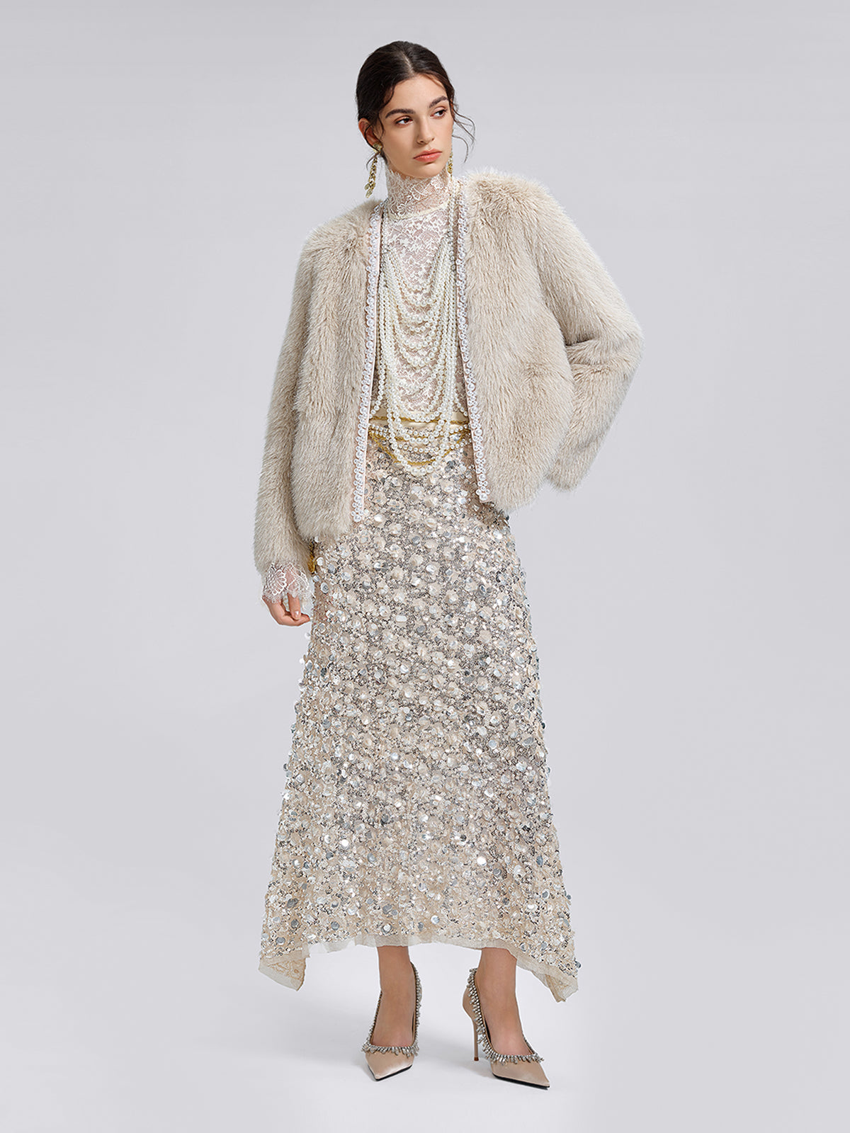 Silver-Tipped Eco Fur Pearl-Beaded Jacket