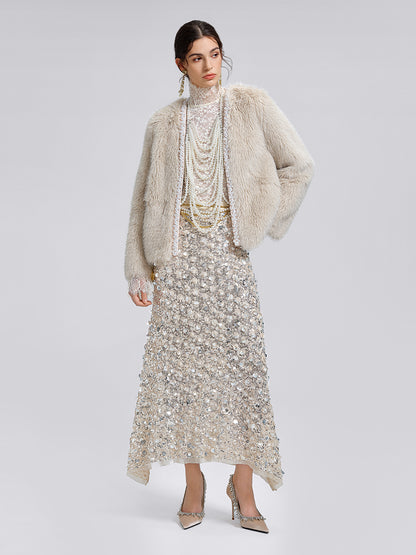 Silver-Tipped Eco Fur Pearl-Beaded Jacket