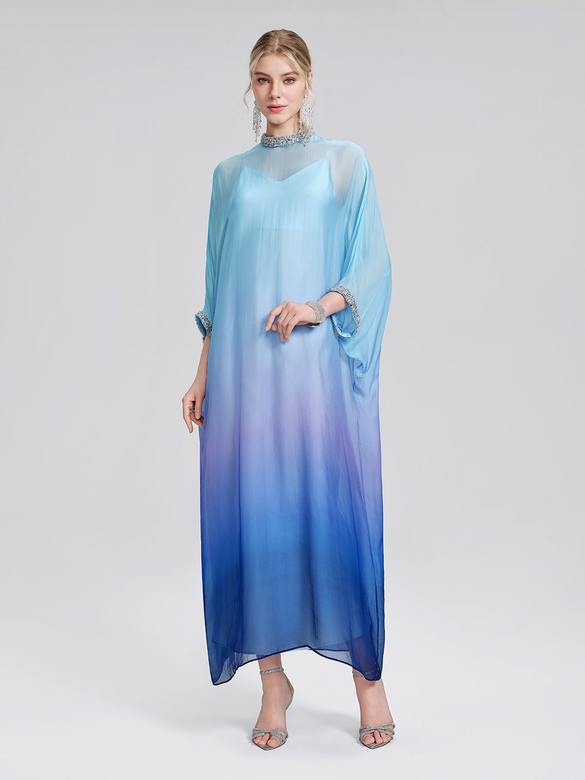 Beaded Gradient Batwing Sleeve Maxi Dress (Slip Dress Included)