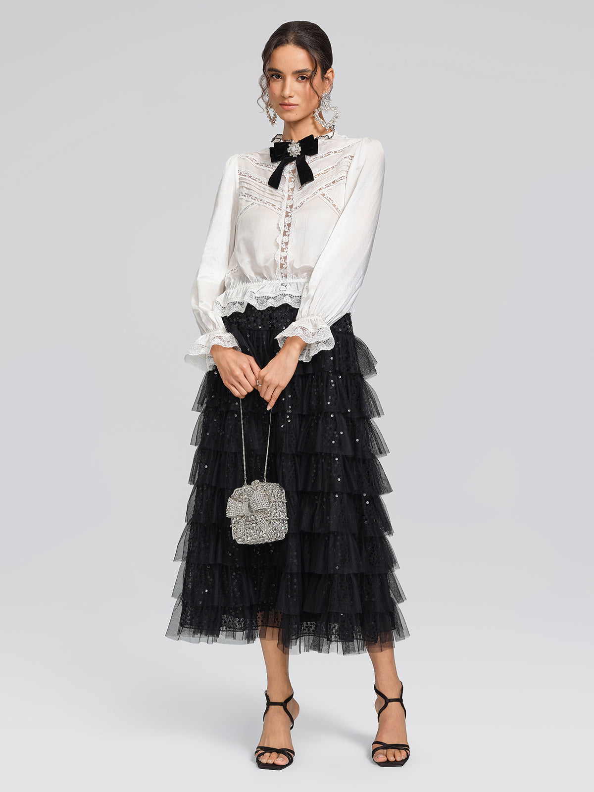 Pearl Satin Lace Panel Bow Shirt