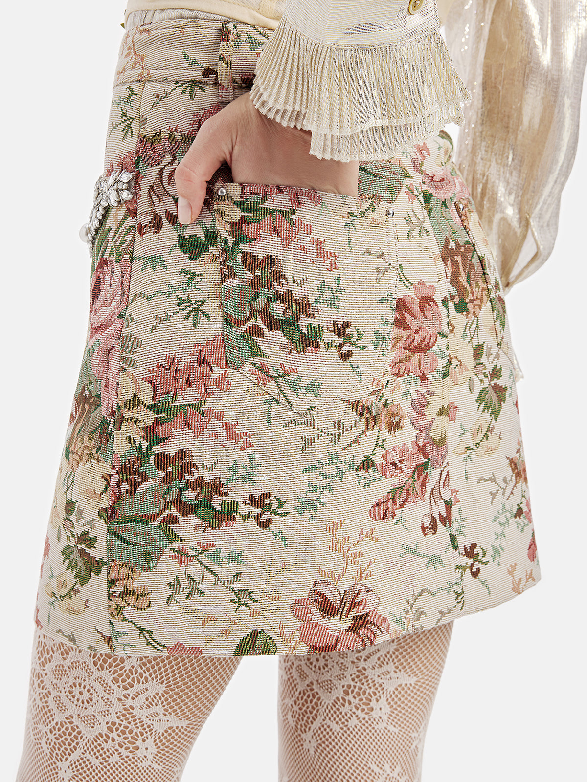 Beaded Baroque Floral Jacquard Skirt