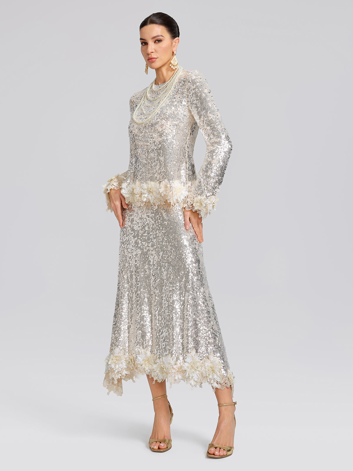 Sequin Mermaid Lace Trim Elastic-Waist Skirt