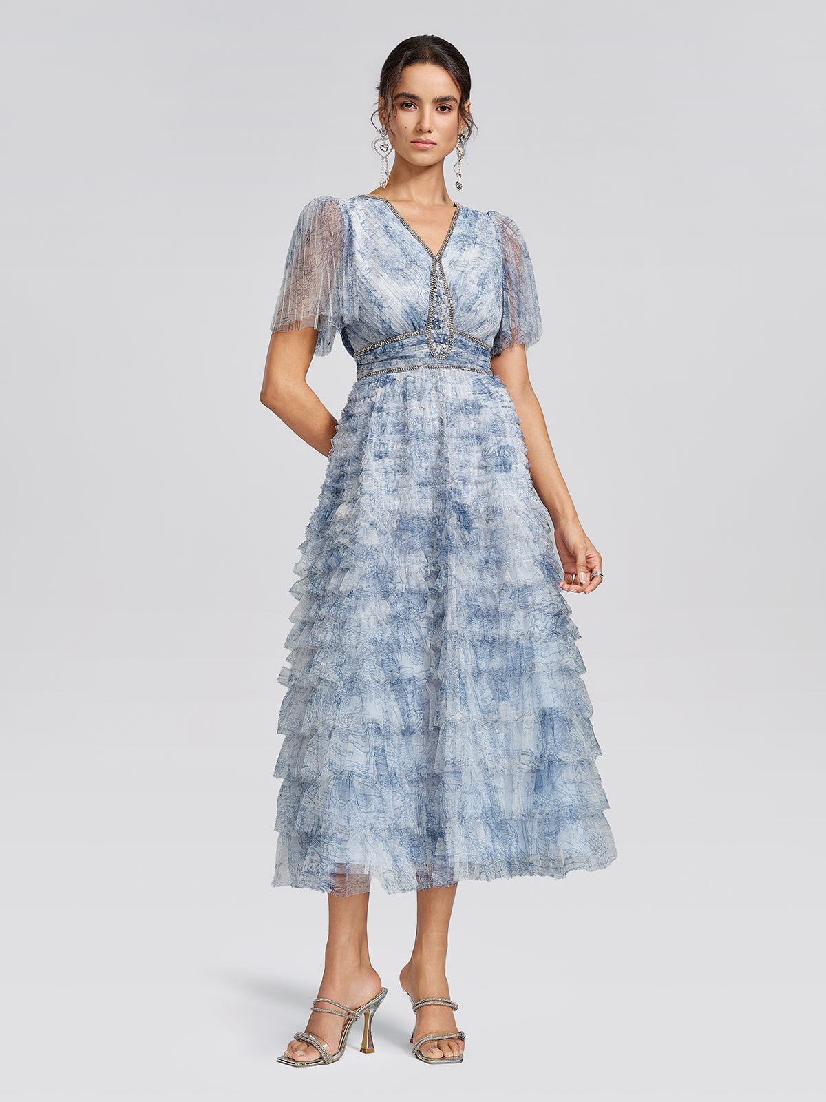 Watercolor Tulle Print Ruffle Dress
