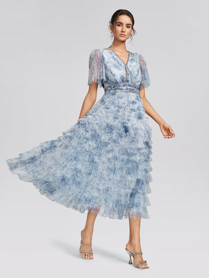 Watercolor Tulle Print Ruffle Dress