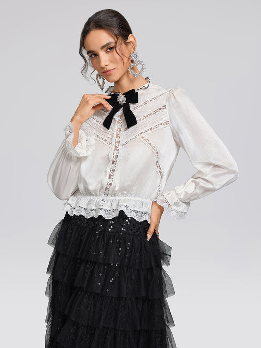Pearl Satin Lace Panel Bow Shirt