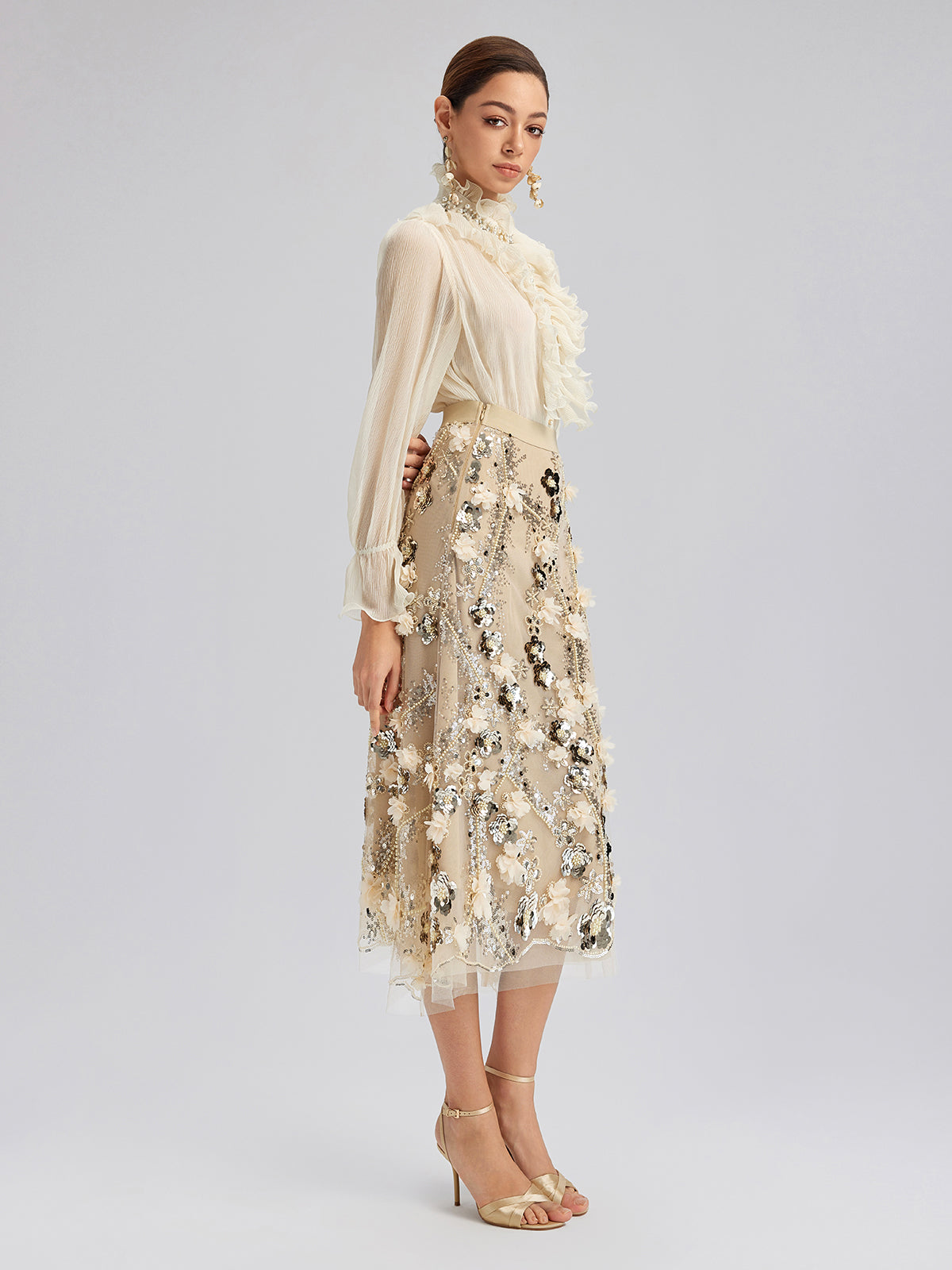 Sequin Floral Embroidery Elastic Fishtail Skirt