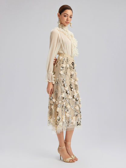 Sequin Floral Embroidery Elastic Fishtail Skirt