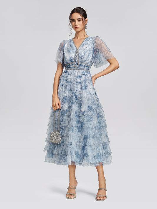 Watercolor Tulle Print Ruffle Dress