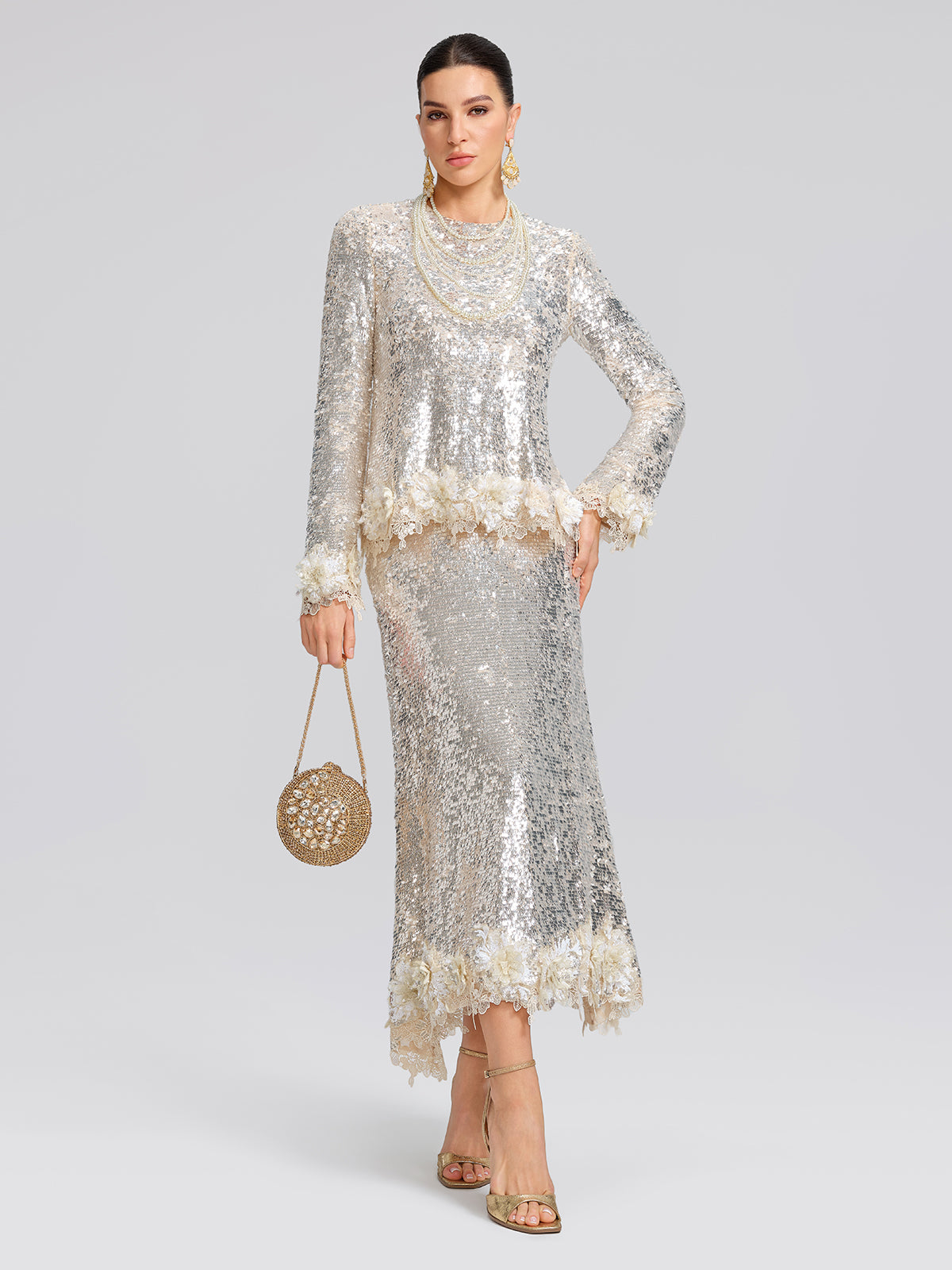 Sequin Mermaid Lace Trim Elastic-Waist Skirt