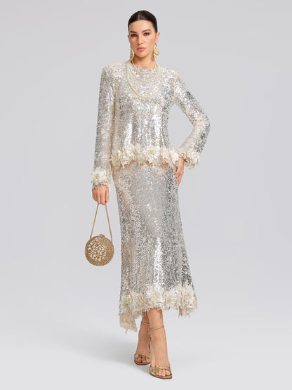 Sequin Hand-Cut Floral Lace Trim Top