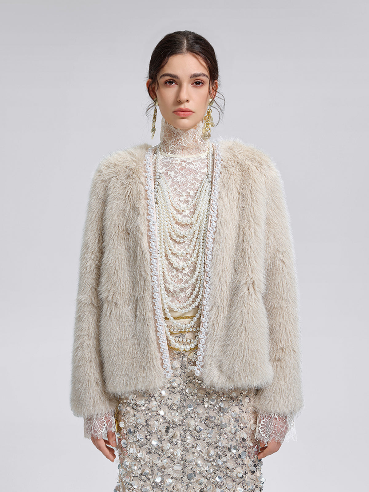 Silver-Tipped Eco Fur Pearl-Beaded Jacket