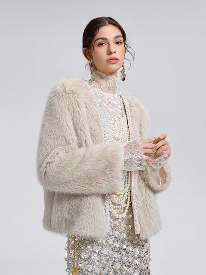 Silver-Tipped Eco Fur Pearl-Beaded Jacket