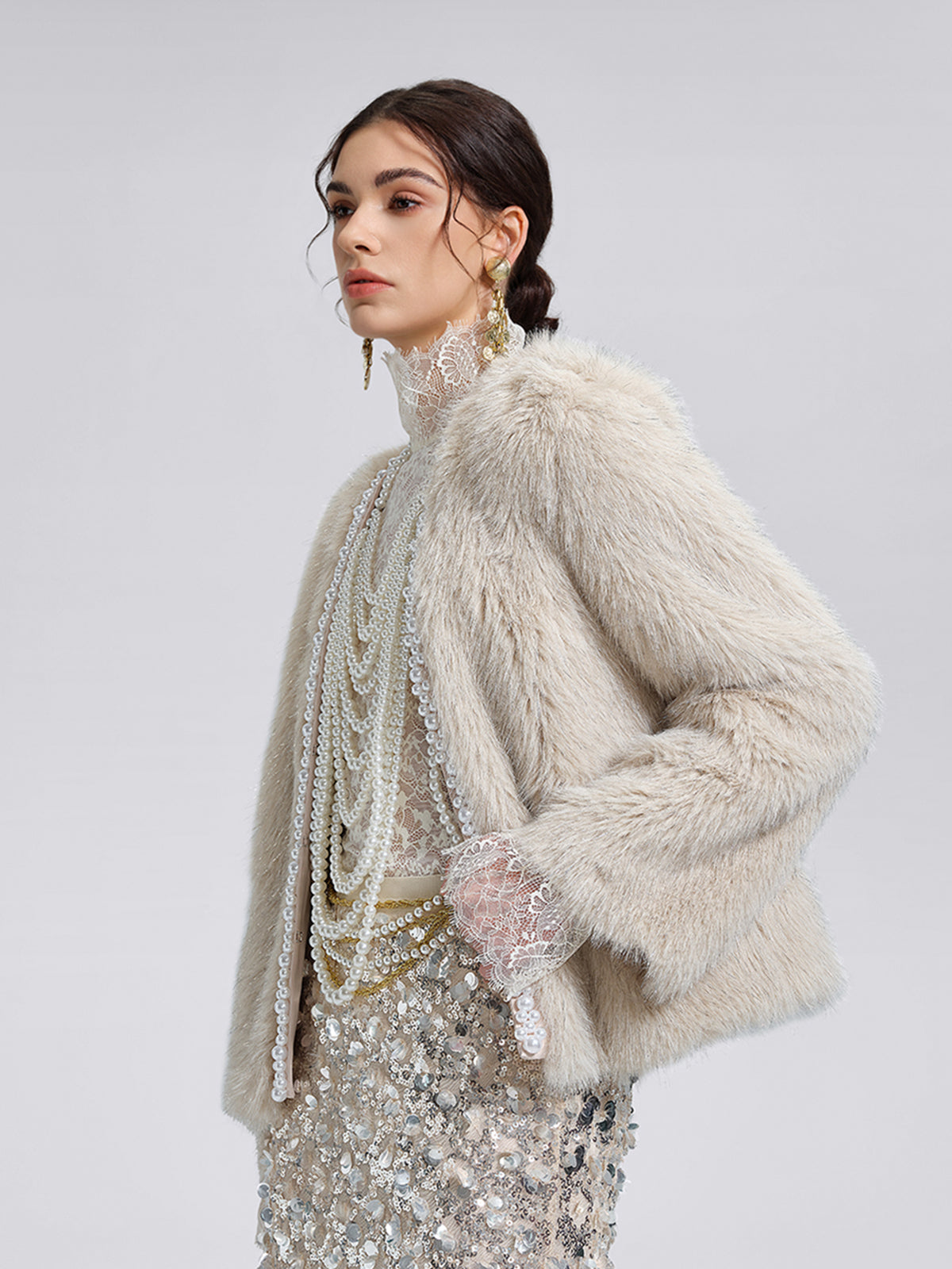 Silver-Tipped Eco Fur Pearl-Beaded Jacket