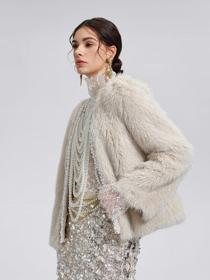 Silver-Tipped Eco Fur Pearl-Beaded Jacket
