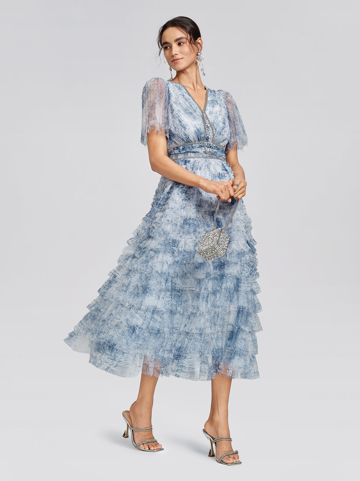 Watercolor Tulle Print Ruffle Dress