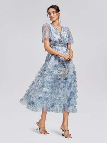 Watercolor Tulle Print Ruffle Dress