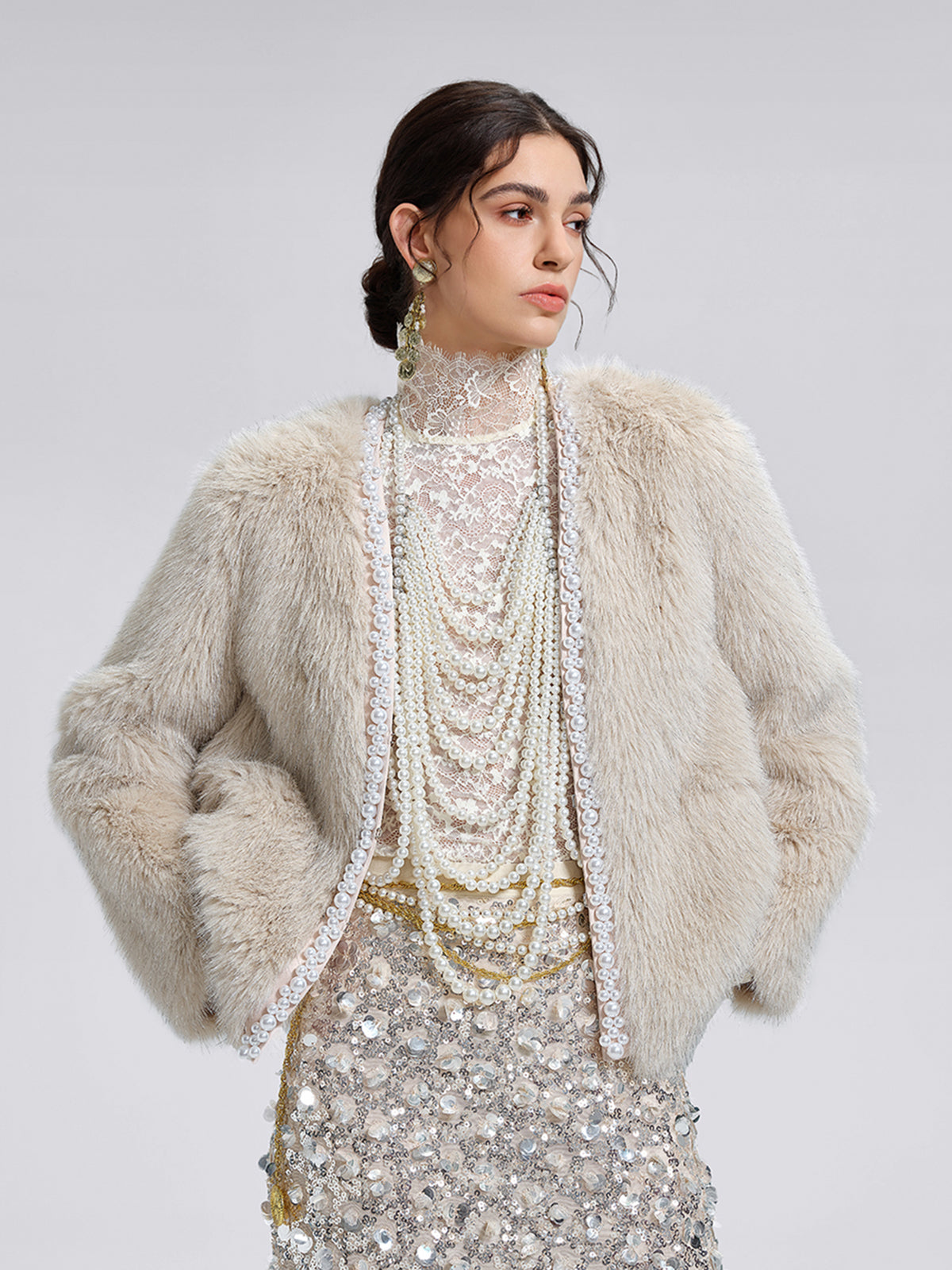 Silver-Tipped Eco Fur Pearl-Beaded Jacket