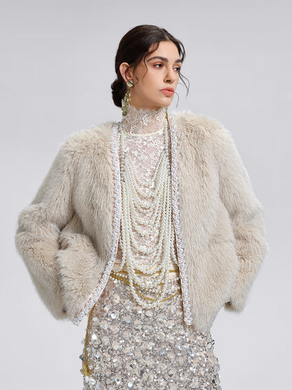 Silver-Tipped Eco Fur Pearl-Beaded Jacket