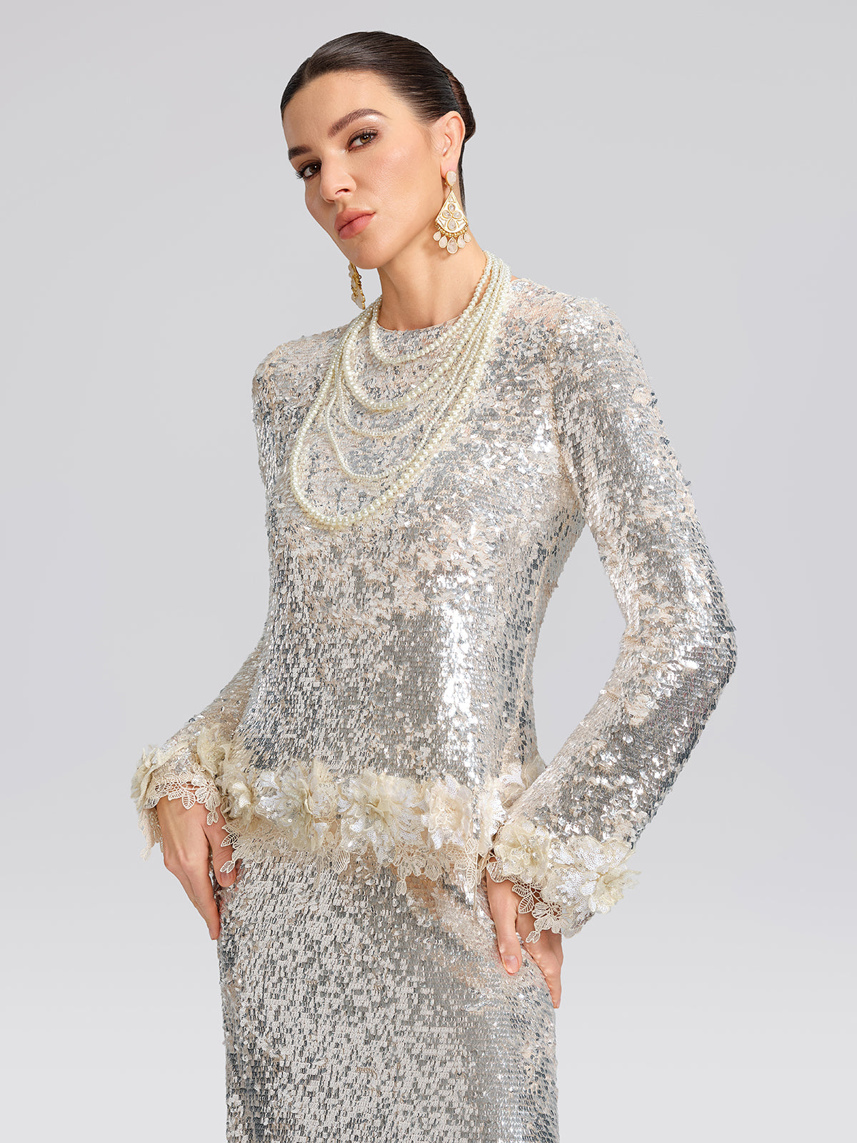 Sequin Hand-Cut Floral Lace Trim Top