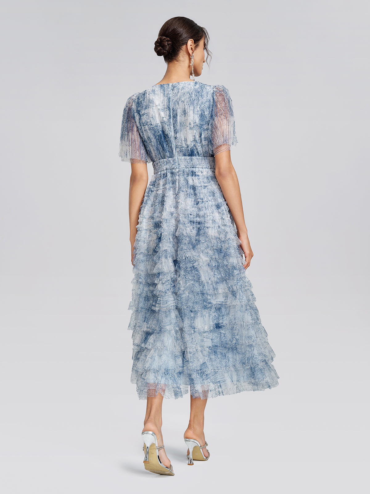 Watercolor Tulle Print Ruffle Dress