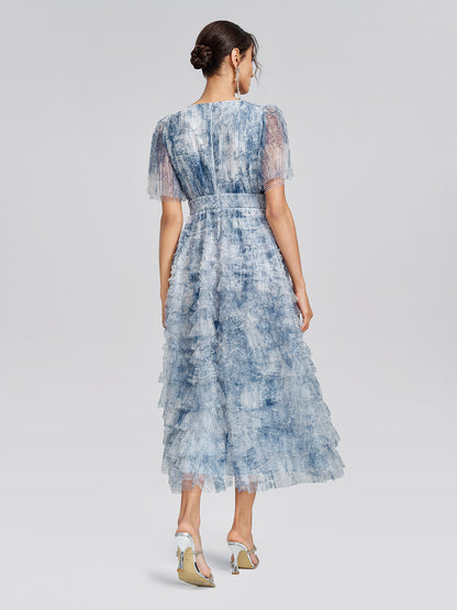 Watercolor Tulle Print Ruffle Dress