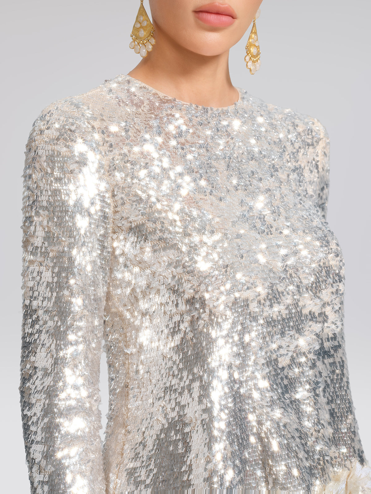 Sequin Hand-Cut Floral Lace Trim Top