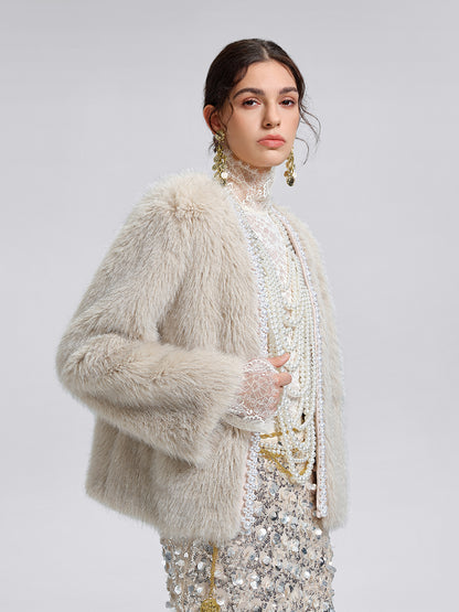 Silver-Tipped Eco Fur Pearl-Beaded Jacket