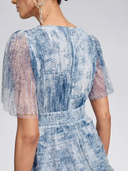 Watercolor Tulle Print Ruffle Dress