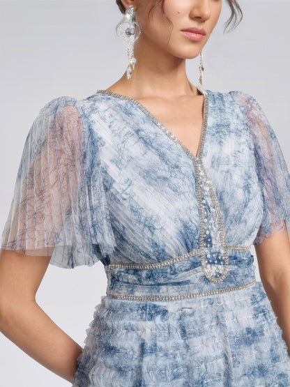 Watercolor Tulle Print Ruffle Dress